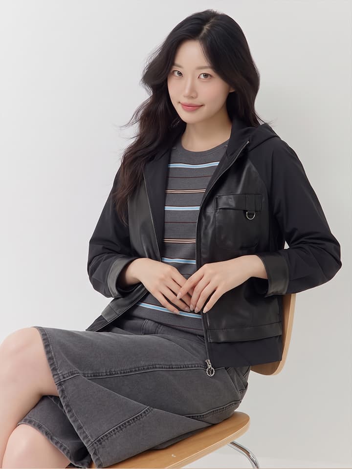 리사이클 비건레더 후드 크롭 코트 LCCAO922