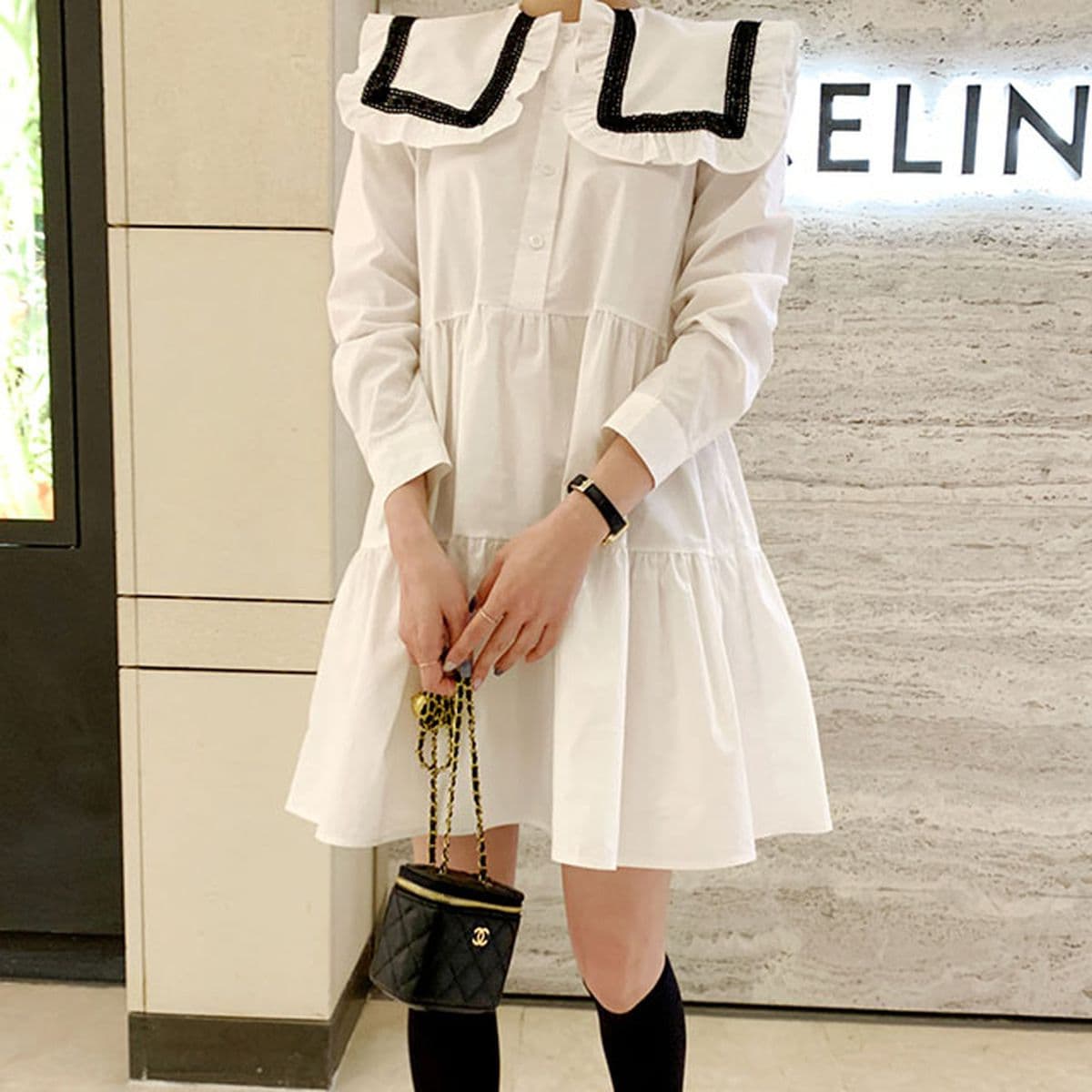 긴팔 미니 원피스 캉캉 세라 카라 배색 무지 단추 오버핏 빅사이즈 긴팔 블라우스 남방 무지 벌룬 퍼프 셔링 프릴 고시-원피스