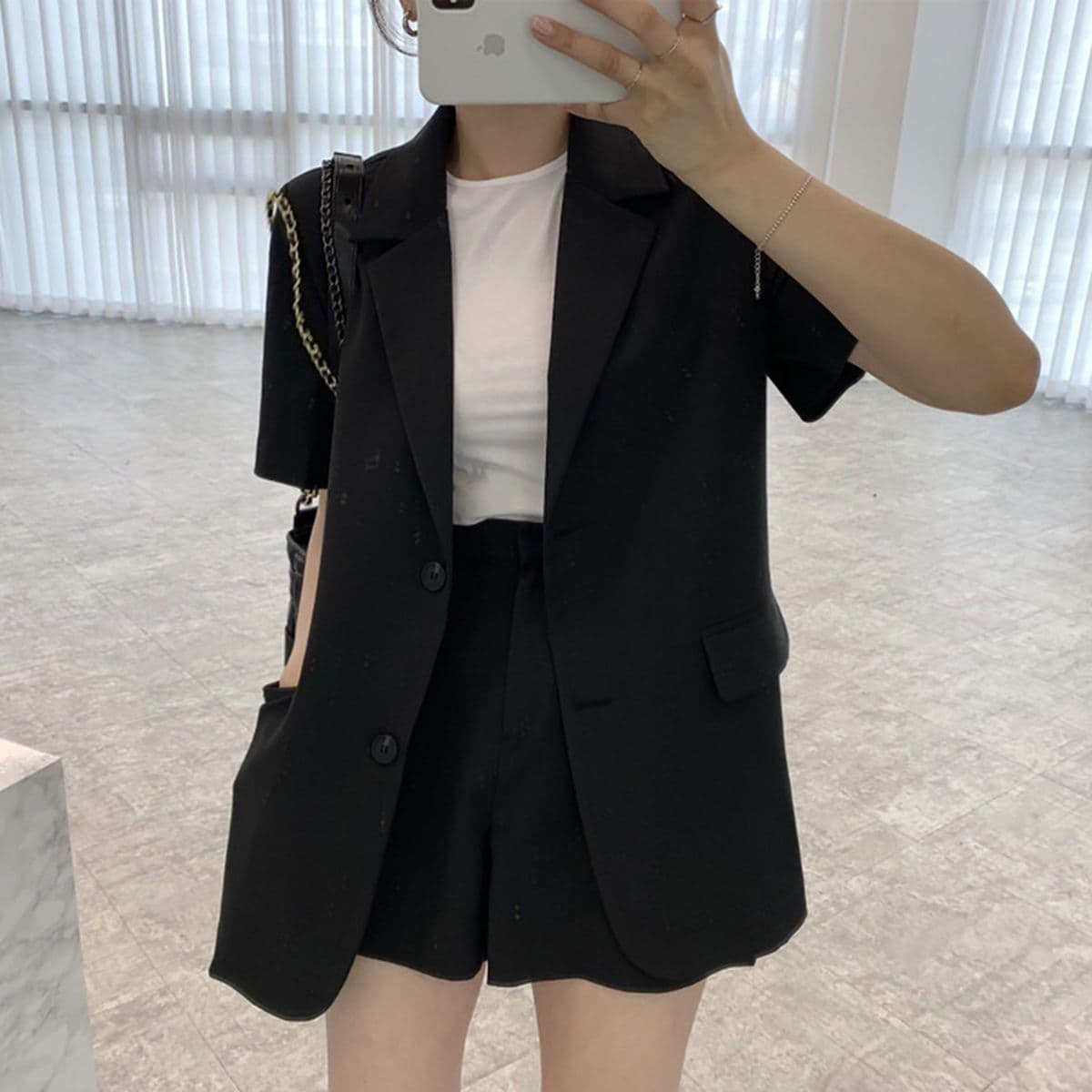 (당일출고/set/하객룩추천) 반팔 루즈핏 베이직 여름 썸머 크롭 자켓 블레이저 밴딩 반바지 핀턱 숏팬츠 투피스 셋업 세트 3color