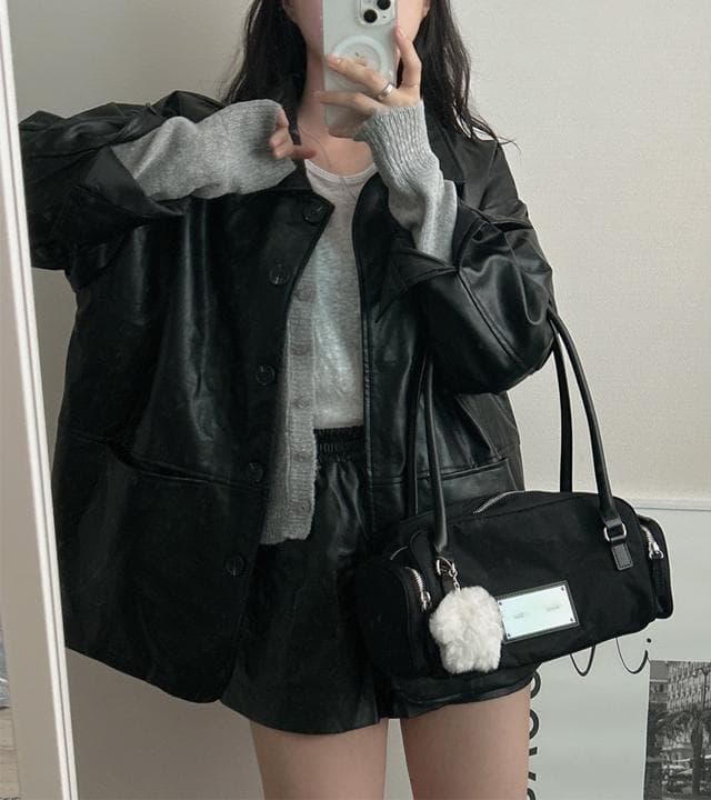 레더 오버핏 루즈 가죽자켓 카라 포켓 점퍼_몽그라미