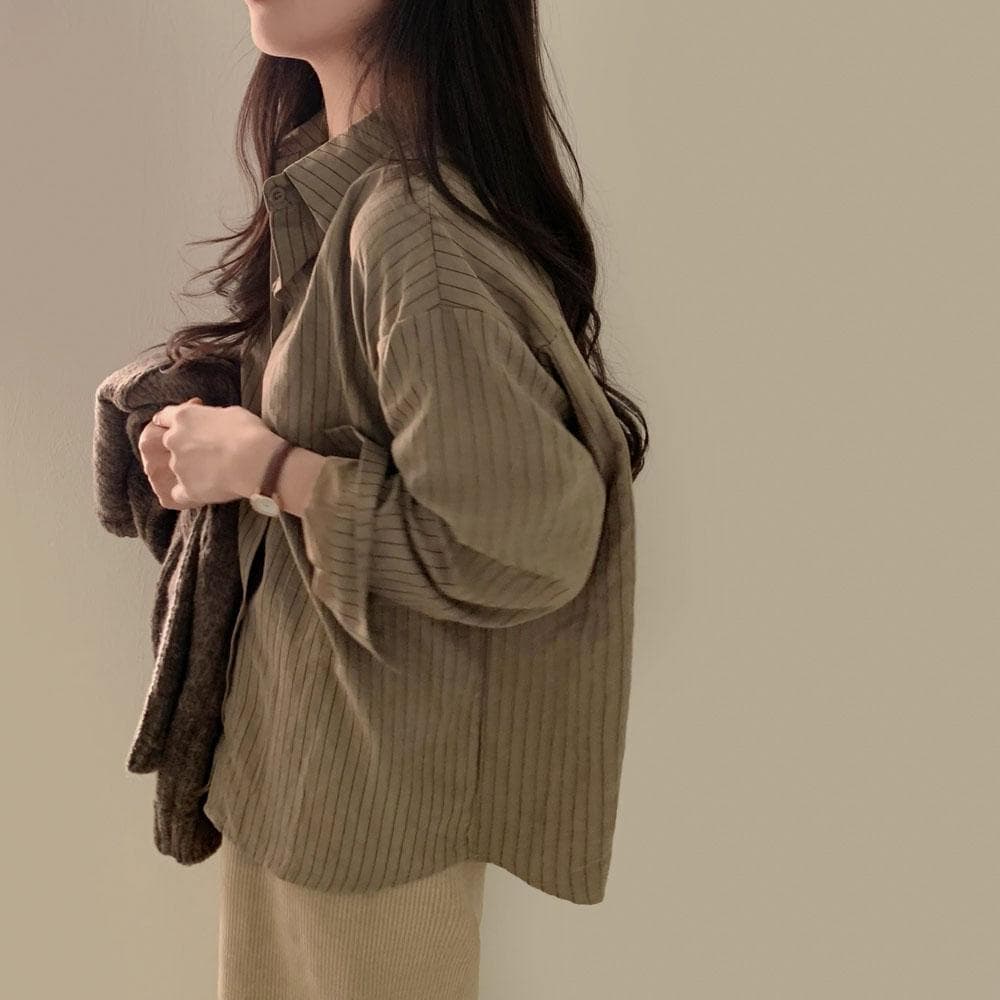 스타터 스트라이프 빈티지 스웨이드 루즈핏 셔츠 남방