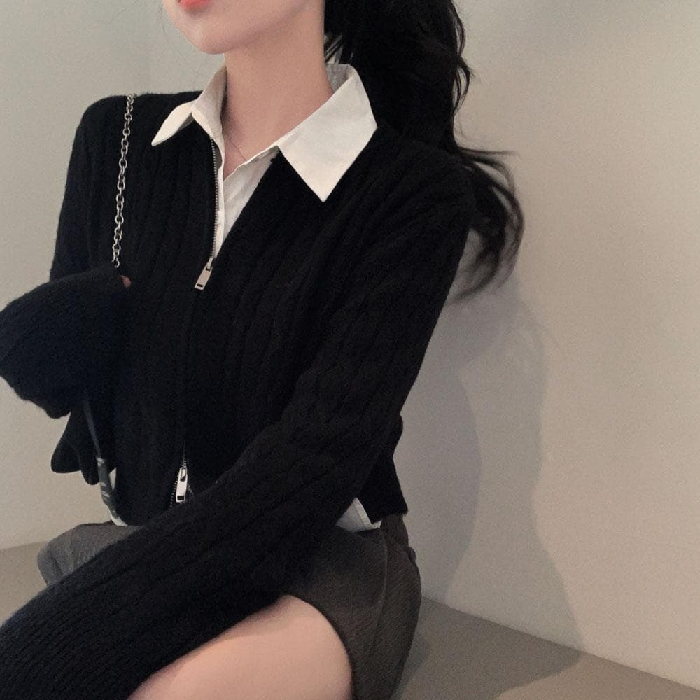 툭 입어도 실패없는 이유,베이직 크롭셔츠+데미지 크롭 니트집업 SET