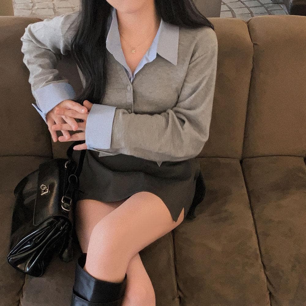 멜로 배색 셔츠 일체형 브이넥 가디건
