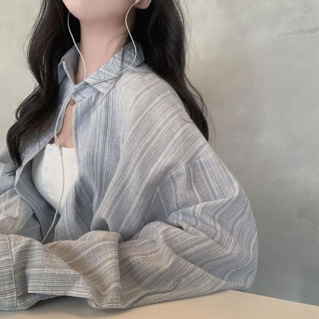 에어컨 바람막기, 감성 잔줄 스트라이프 빈티지 오버핏 셔츠 남방