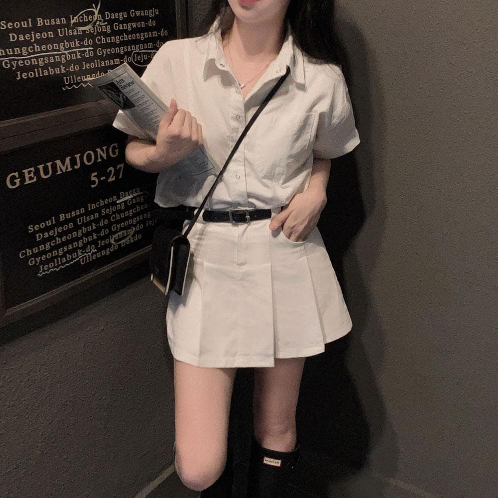 파운드 똑딱 루즈핏 반팔 카라 셔츠 남방