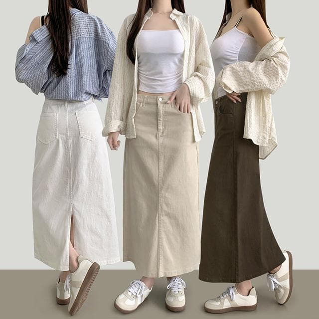 H라인 루즈 뒤트임 탄탄 소재감 면 롱스커트
