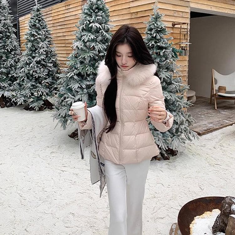 (당일출고/허리쏙시리즈/컬러예쁨) 슬림핏 라인 허리쏙 오리털 덕다운 크롭 하프 숏 후드 겨울 아우터 패딩 자켓 점퍼 2color
