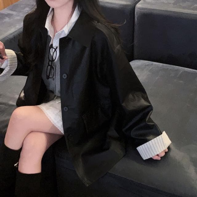 멋스러운 윤광,리턴 소매 스트라이프 오버핏 레더 하프 자켓