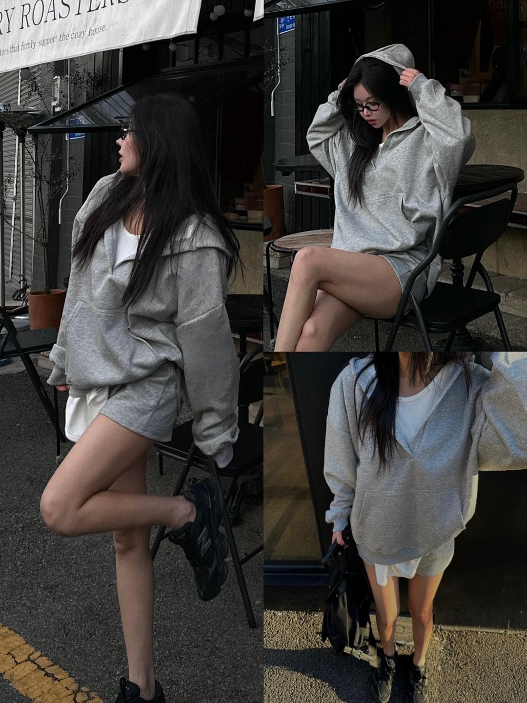 꾸안꾸 루즈핏 V넥 후드티셔츠 뒷포켓 반바지 트레이닝 투피스세트