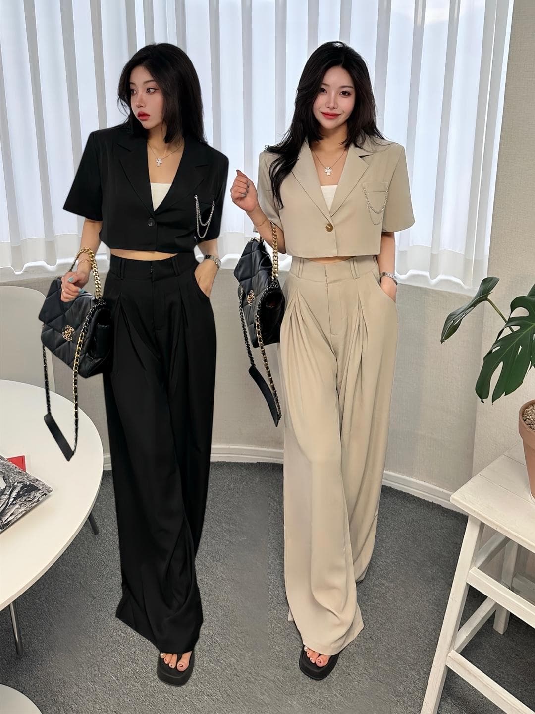 더블 체인 크롭JK+버클 핀턱 와이드 슬랙스팬츠 정장셋업 투피스세트