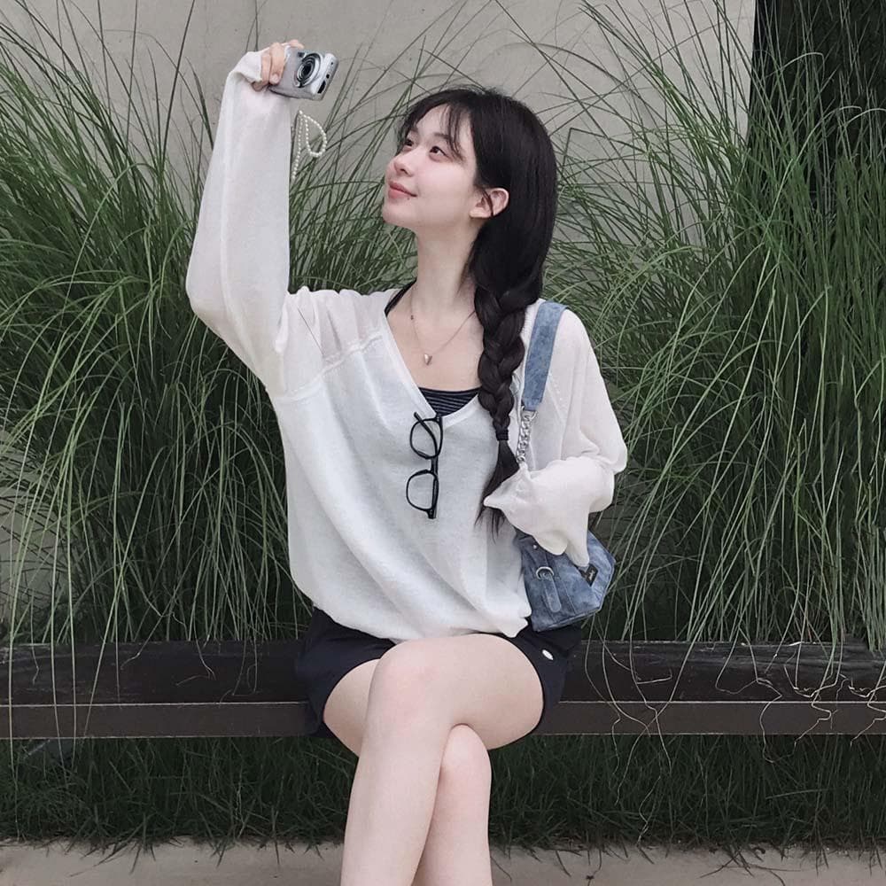 한여름까지 살탐방지,모데 브이넥 썸머 루즈핏 얇은 긴팔 니트