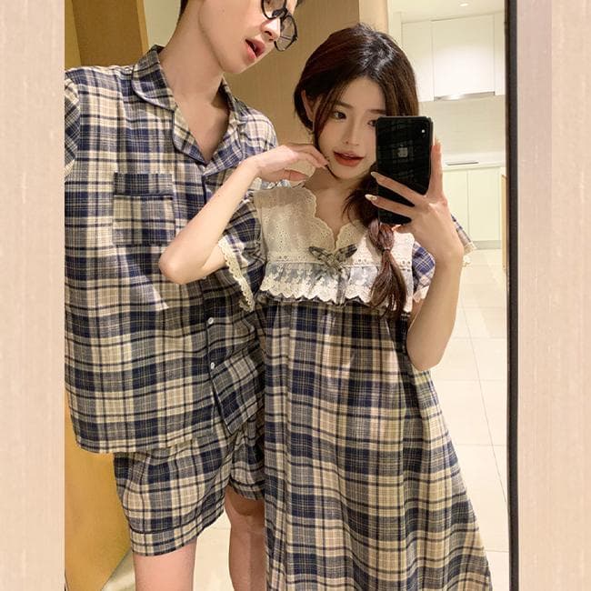 네바체크 린넨면 반팔 커플파자마세트 (원피스 투피스 반팔반바지 시원한 면잠옷 라운지웨어 순면 남성 여성 홈웨어)