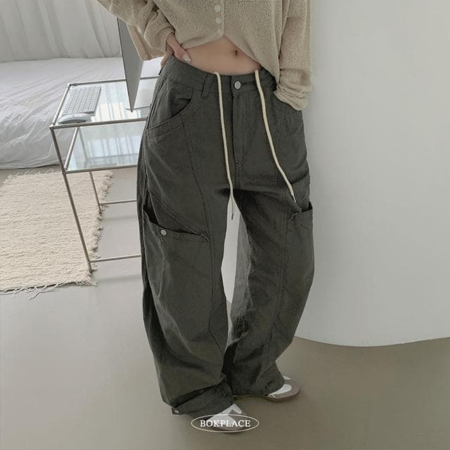 ~XL커브드 절개 포켓 스트링 밑단 똑딱이 벌룬 코튼 팬츠