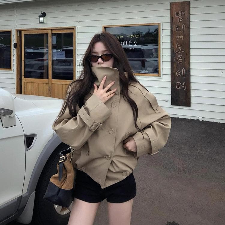 (당일출고/수입) 하이넥 반목 폴라 봄 가을 더블 버튼 트렌치 바바리 베이직 기본 하프 숏 크롭 자켓 아우터 코트 2color