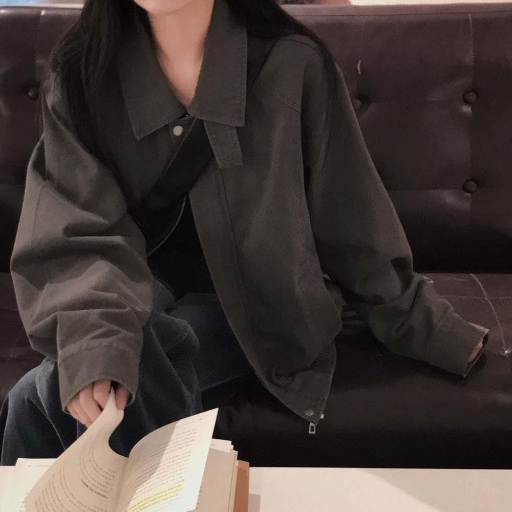 아방함을 완벽하게 담아낸,#온유MADE 그레인 어텀 피그먼트 하이넥 워싱 루즈핏 카라 숏 자켓