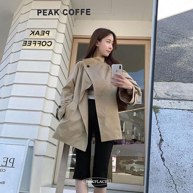 반하이넥 스트랩 하프 기장 트렌치 코트 가을 자켓