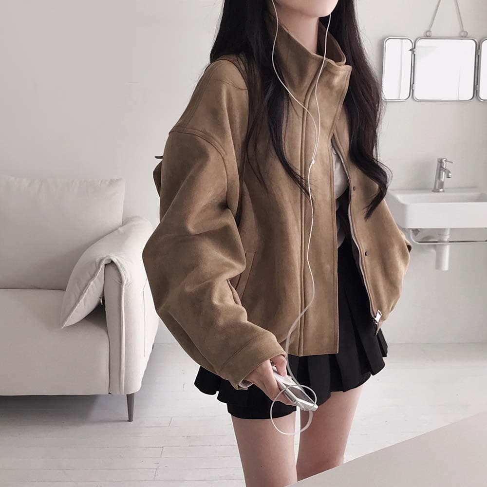 귀여운 스웨이드 자켓 등장,버터바 스웨이드 아방핏 하이넥 벌룬 자켓 점퍼