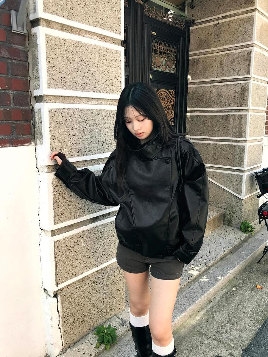 무트 하이넥 레더 블루종 자켓 (2color)