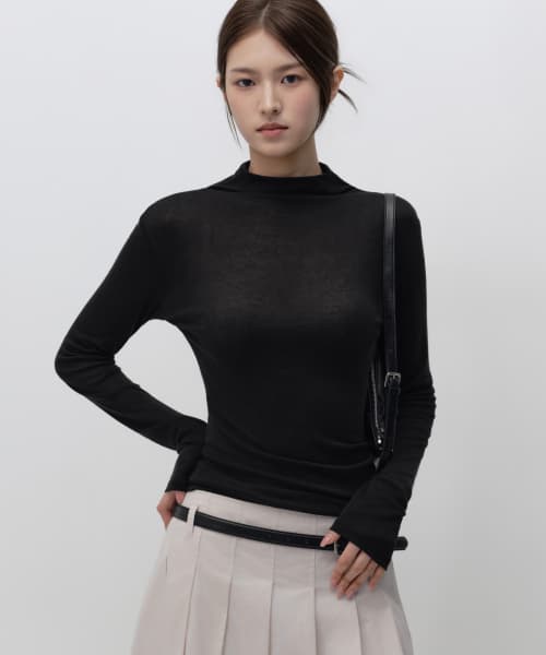 우먼즈 시어 울 텐셀 터틀 넥 긴소매 티셔츠 [블랙]