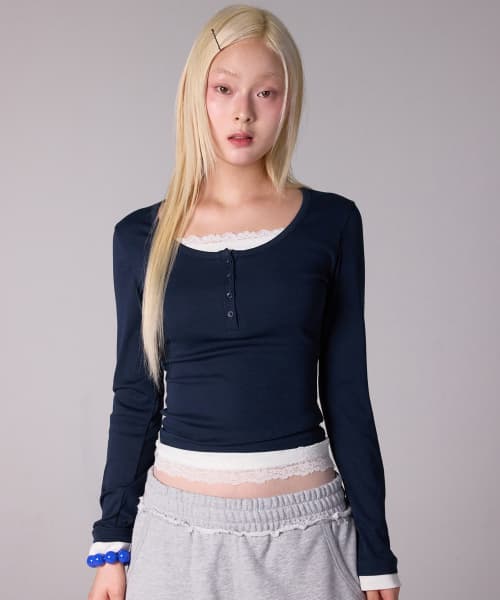 LACE LAYERED LONG SLEEVE_NAVY