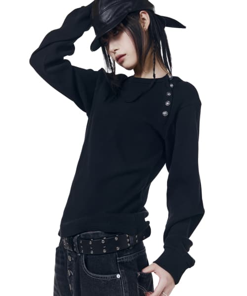Slant Henry Neck Long Sleeve (Black)