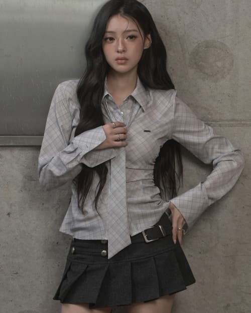 Plaid Tie Shirt (light gray)