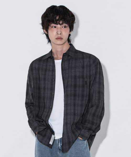 체크 오버핏 셔츠 [차콜]