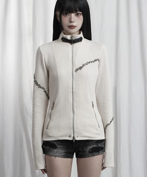 Contrast Stitch Zip-Up Long Sleeve (Ivory)