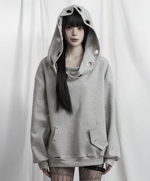 Off Shoulder Hood Layer Sweatshirt (Gray)