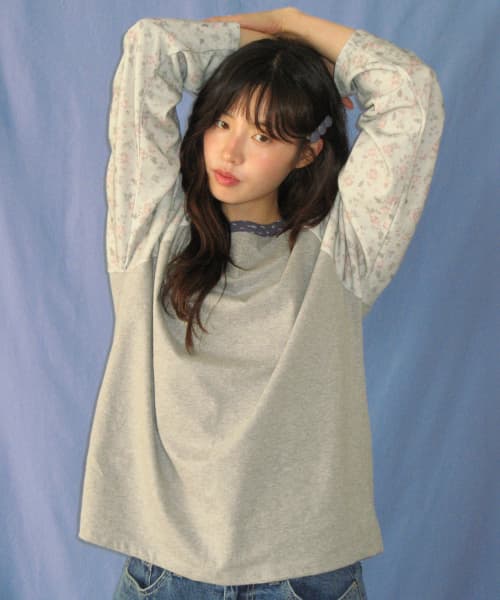 MIX PATTERN RAGLAN LONG SLEEVE FLORAL GREY