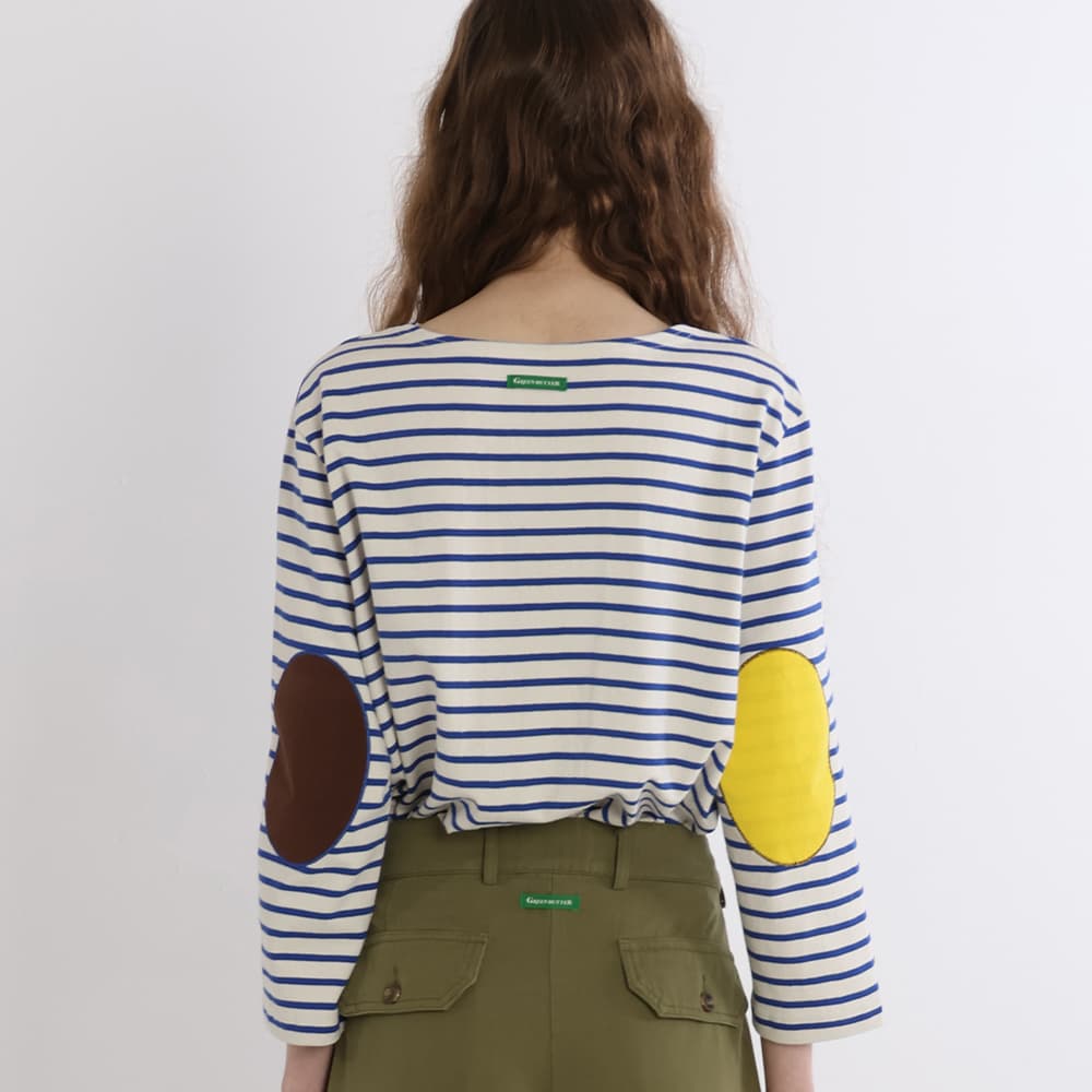 Boat-neck Color Patch Tee (Cream/Blue)