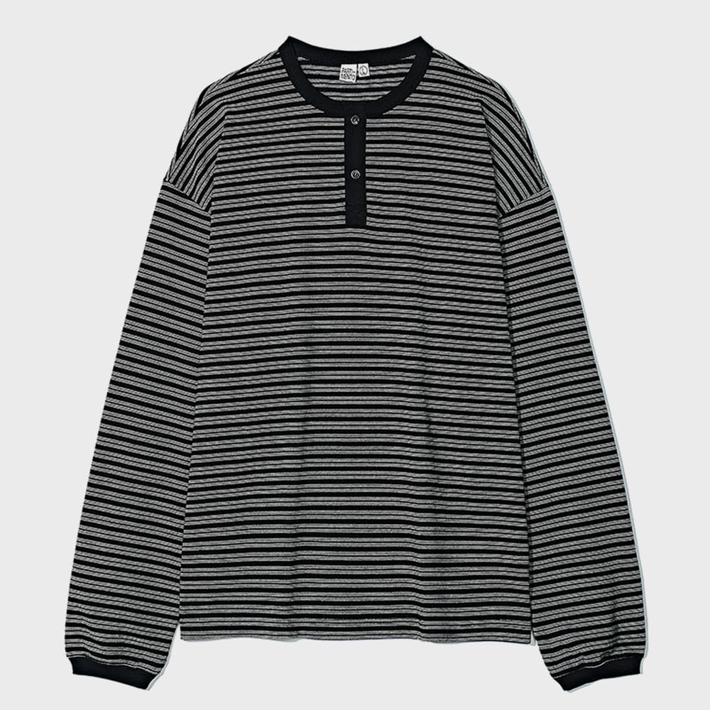 Henley Neck Stripe Long Sleeve Black