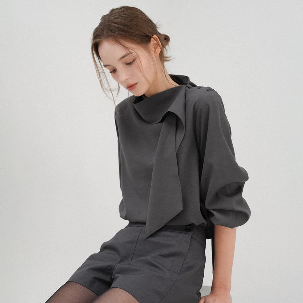 [56th] Curve scarf blouse (stone gray)