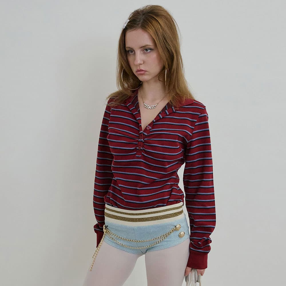 Shirring Tennis Shirt Wine Stripe