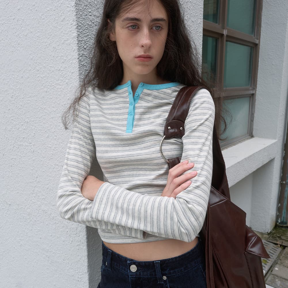 HENLEY NECK LONG SLEEVE TEE_MELANGE GREY