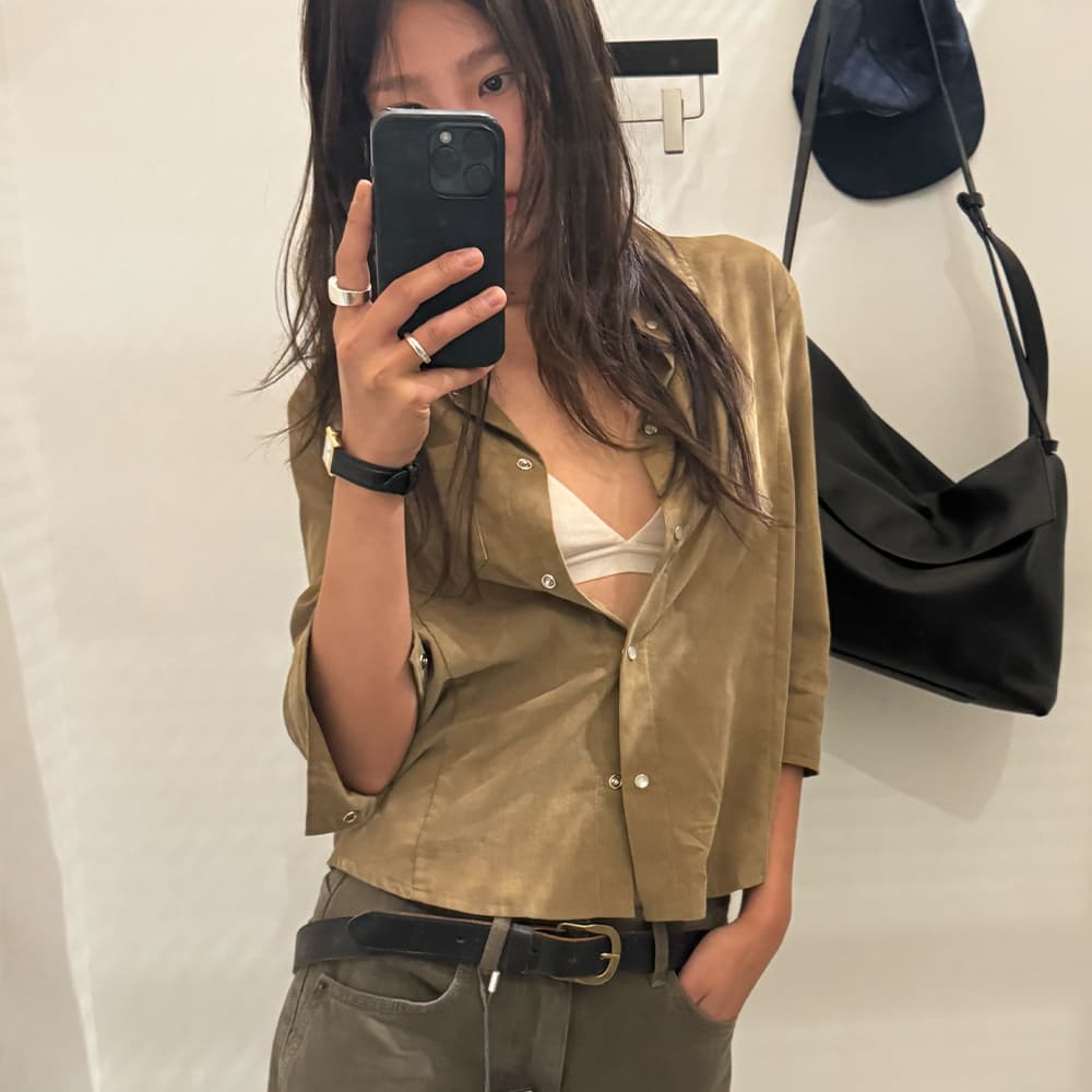 Corduroy Mid Sleeve Shirt_Khaki Beige