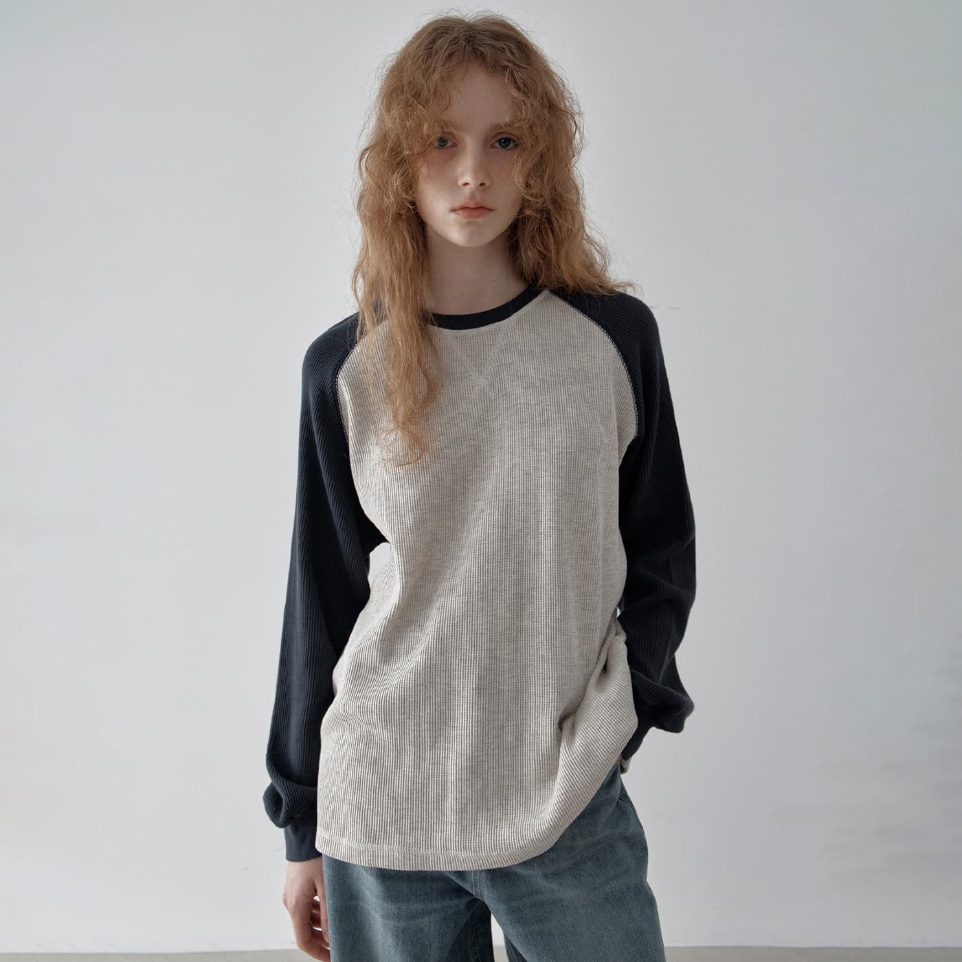 [2차/예약배송] Multi raglan waffle t-shirt (oatmeal+navy)