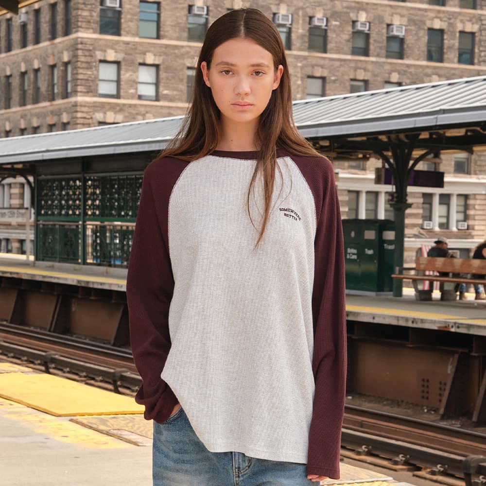 [5th] Pecan Waffle Raglan Long Top - White Melange(Wine)