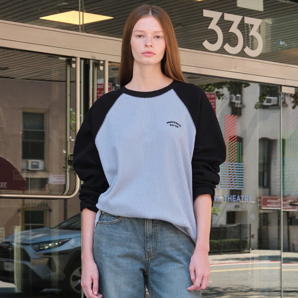 [4th] Pecan Waffle Raglan Long Top - Light Blue(Black)