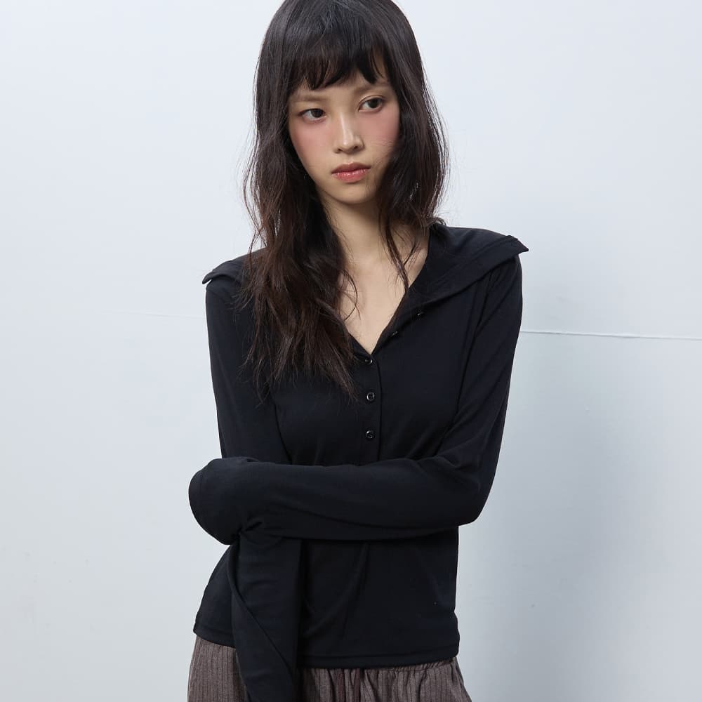 Two-way Button Neck Top Black