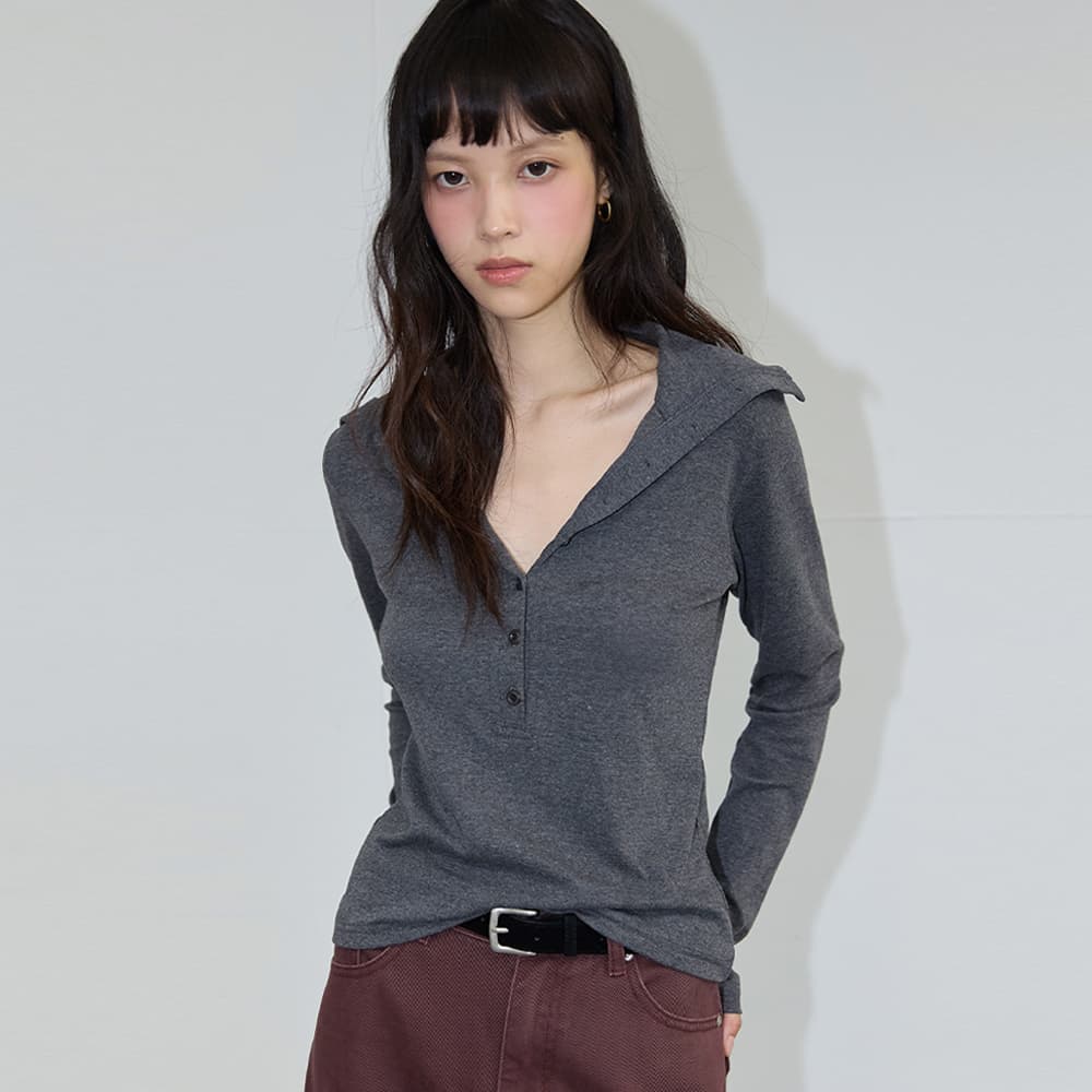 Two-way Button Neck Top Charcoal