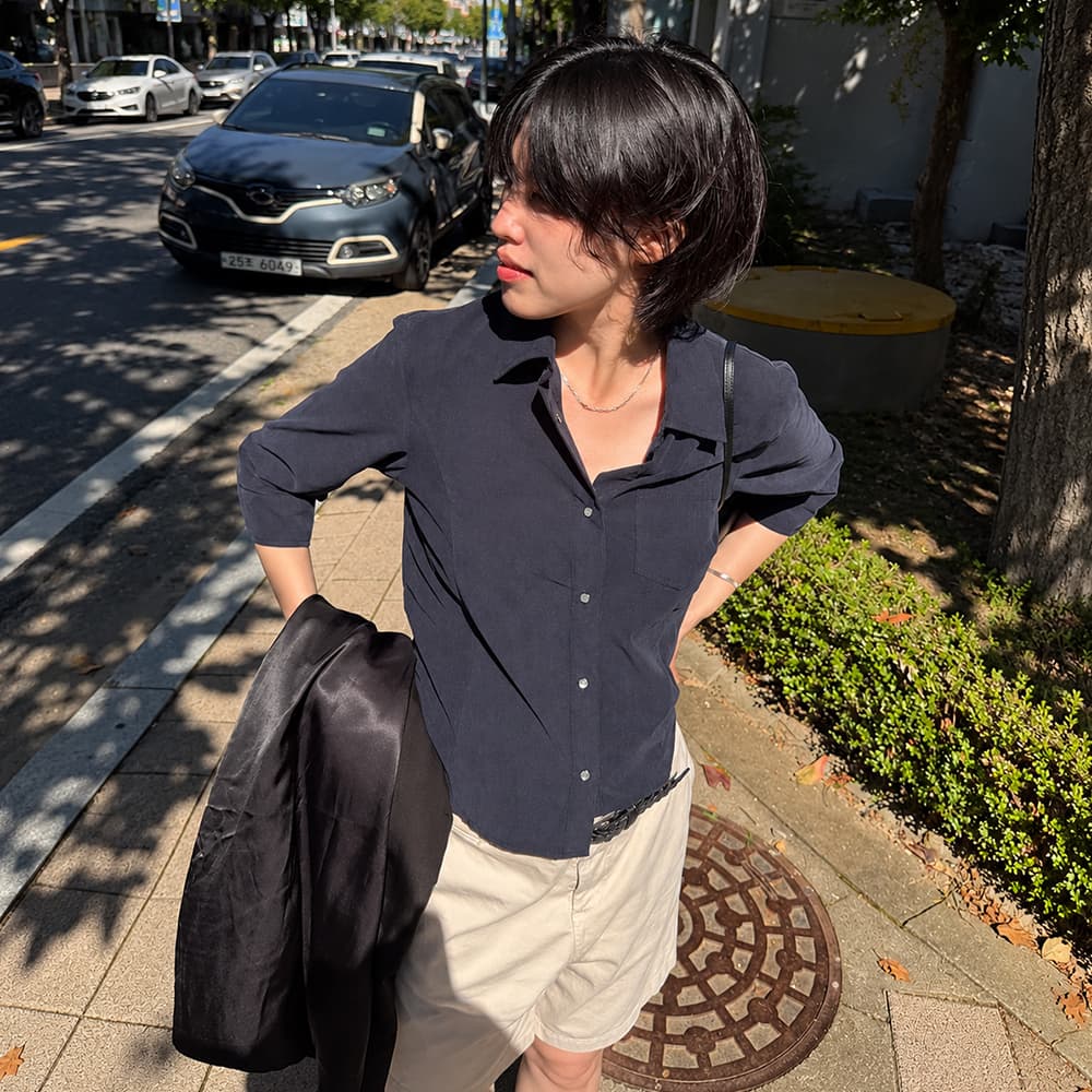 Corduroy Mid Sleeve Shirt_Navy