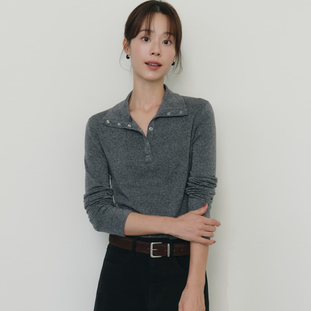 Demi High Neck Button T-shirt (Charcoal)