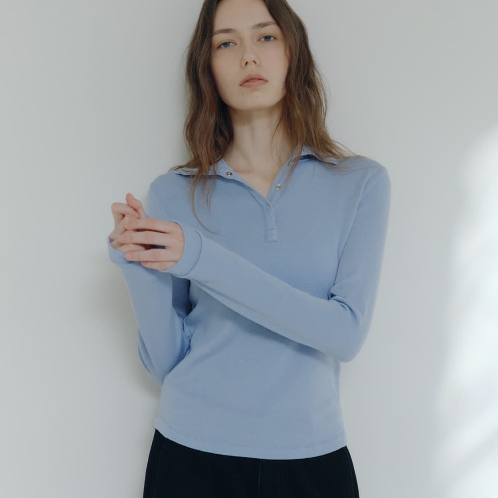Demi High Neck Button T-shirt (Sky Blue)