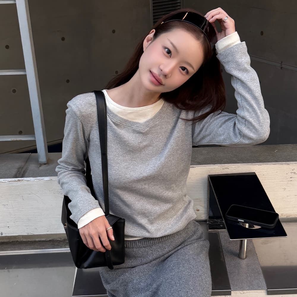 Double Layer Tee_Melange Gray/Cream