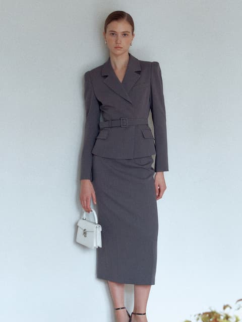 [SET]ELOWEN Double breasted belted blazer + CLAUDE Back detailed H-line long skirt (Gray)
