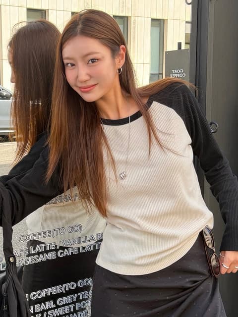 [유미 PICK]A3567 와플 래글런 티셔츠_Black