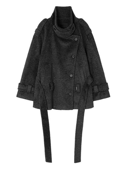 High-Neck Convertible Belted Half Coat [ Charcoal ]