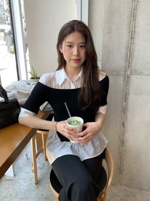[리오더][단독]잇미샤 블라우스 레이어드 니트탑 ITQ5ZPO450 (BLACK)