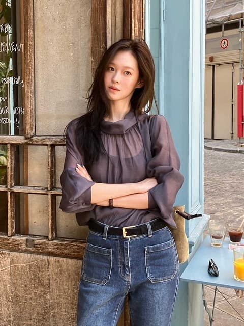 [단독][유영PICK][이너포함] 잇미샤 롤 카라 시어 블라우스 ITQ5WBL450